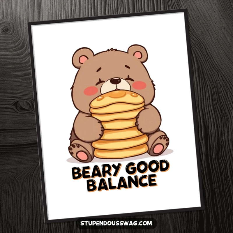 A digital art print capturing a clumsy bear attempting to balance pancakes, perfect for instant, humorous wall decor.