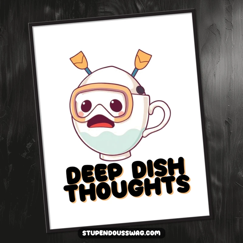 Funny digital art print of a startled teacup wearing a diving mask and fins, humorously ready to dive, perfect for immediate wall decor.