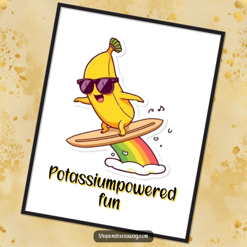 Funny digital art print of a banana in sunglasses surfing a dazzling rainbow, radiating cool vibes.