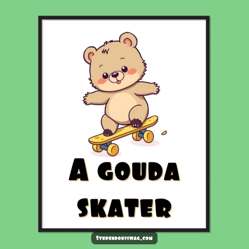 Funny Bear Cub Cheese Skateboard Art Print: Clumsy Cub's Hilarious Cheesy Adventure