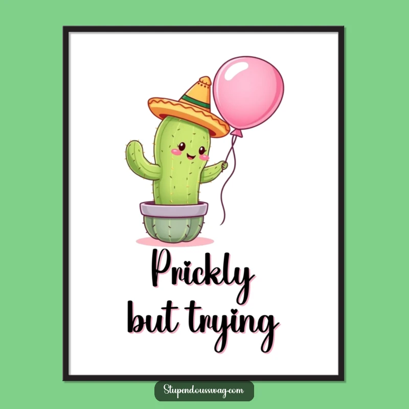 Funny Cactus Hugger Digital Art: Hilarious Sombrero Hug Print for Walls