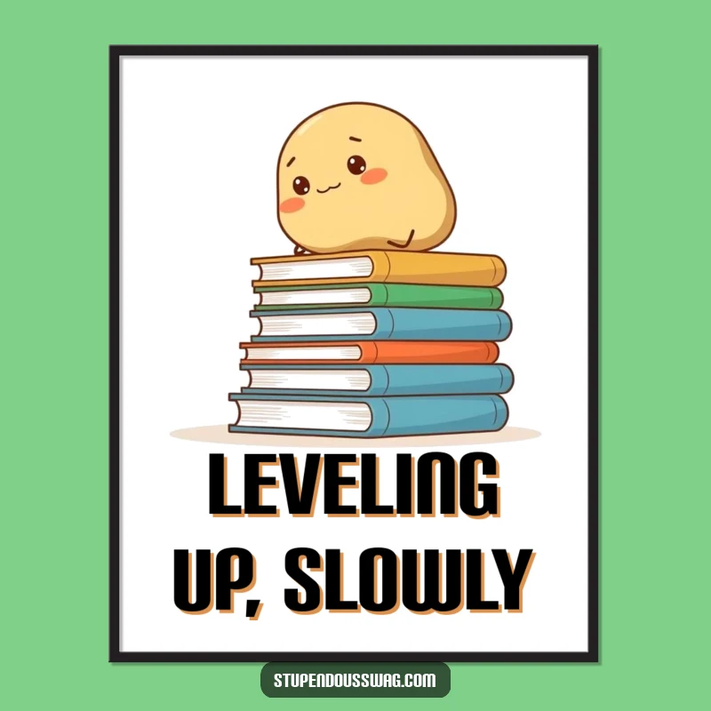 Funny Determined Potato Climbing Books Digital Print: Instant Humor for Your Walls