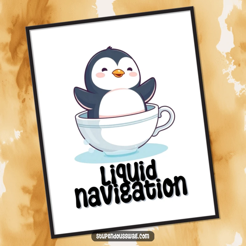 Funny dizzy penguin teacup digital art showing a comical bird sailing in a coffee cup, a whimsical and humorous printable.
