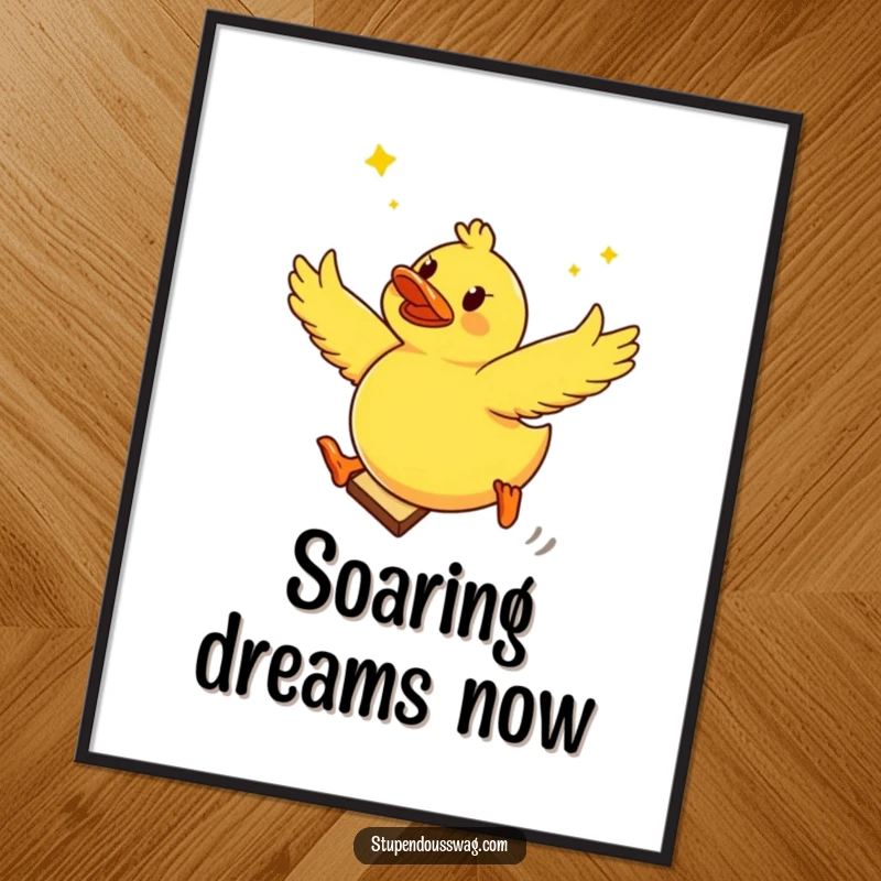 Funny digital art print of a brave rubber ducky airborne, leaping from a slice of toast, perfect for a whimsical home.