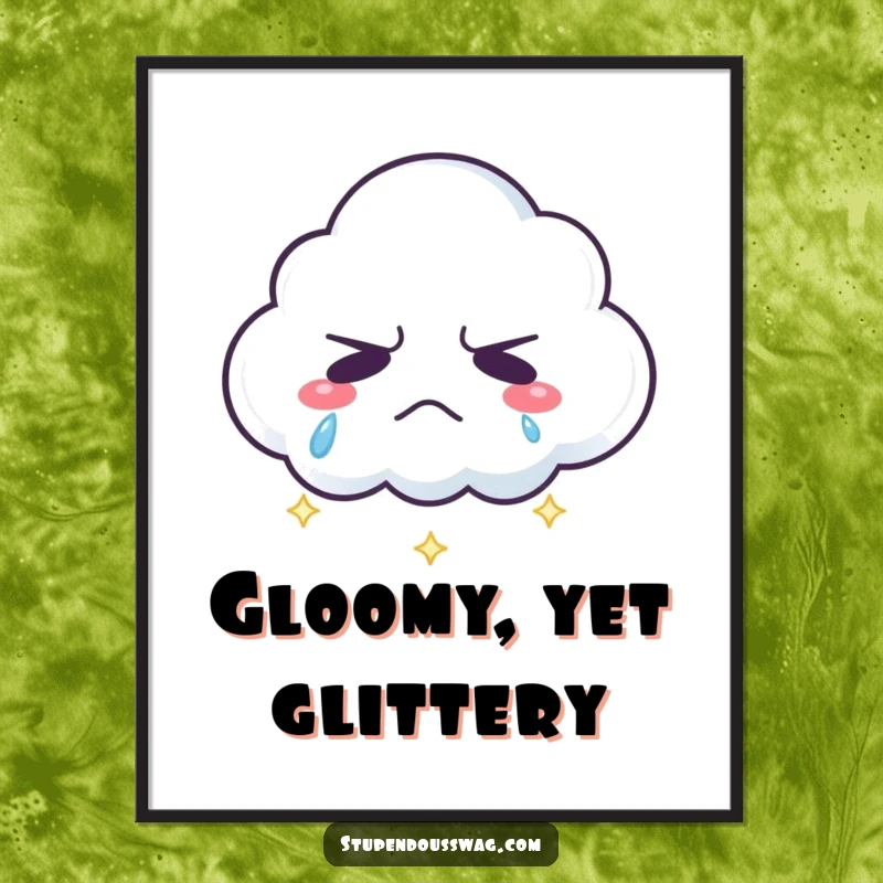 Funny grumpy cloud digital art with sparkling rainbow tears, a humorous and colorful printable for digital display.