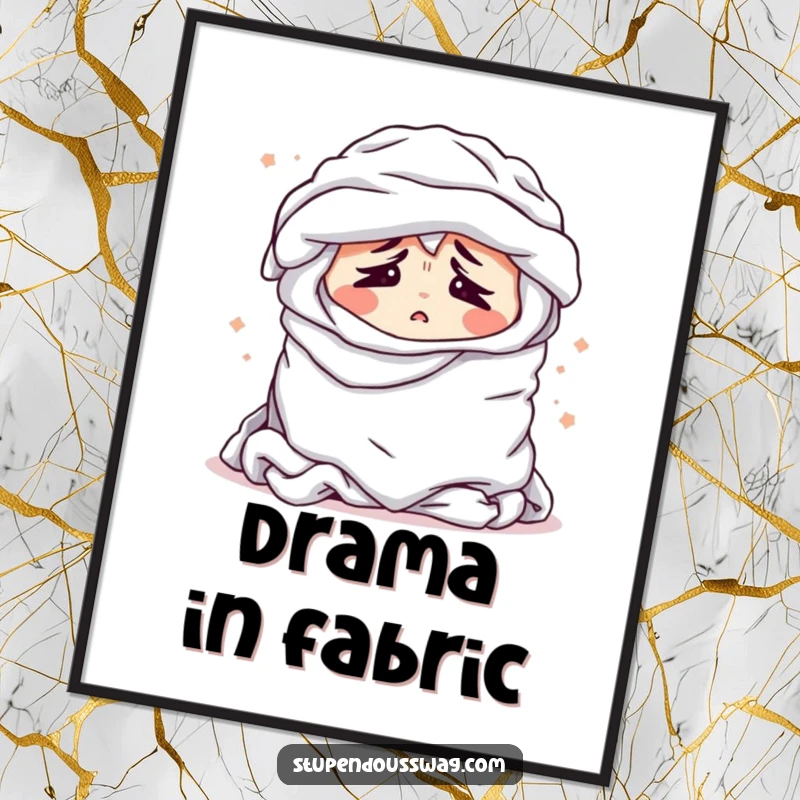 Funny digital art print featuring a bewildered pile of laundry, dramatically sighing, ready to be printed and displayed.