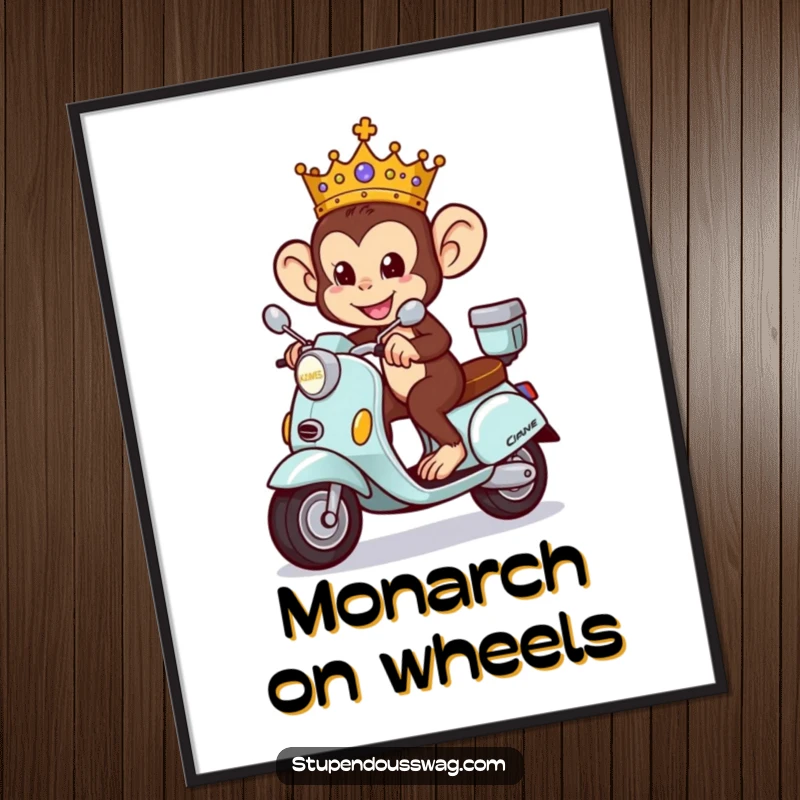 Funny Monkey King Digital Art Print of a mischievous monkey wearing a crown, riding a tiny ornate scooter with royal flair.