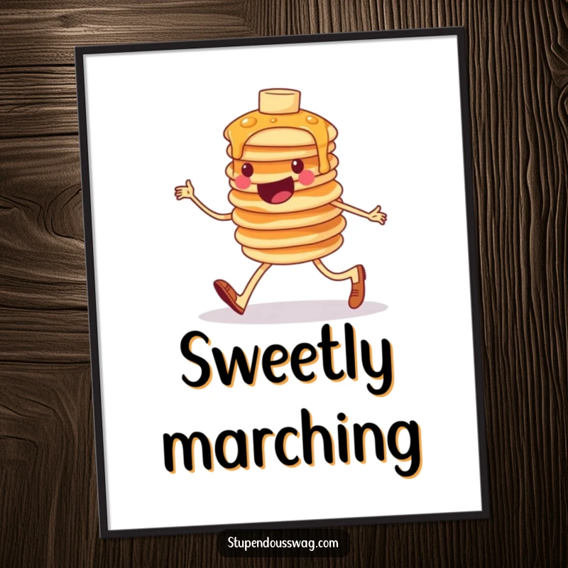 Funny digital art print of a cheerful, wobbly stack of pancakes humorously marching, ready for printing and adding breakfast fun to decor.
