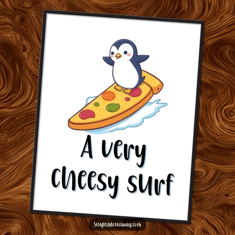 Funny digital art print of a tiny penguin surfing a giant slice of pizza, perfect for adding a humorous and adventurous vibe to decor.