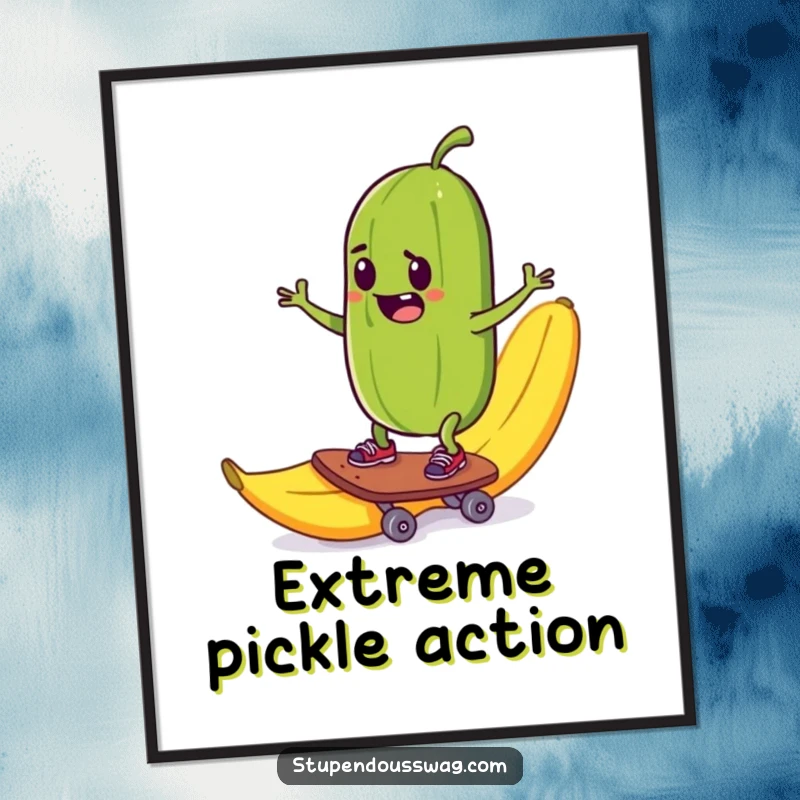 Funny digital art print of a mischievous pickle skateboarding down a banana peel, perfect for extreme-themed decor.