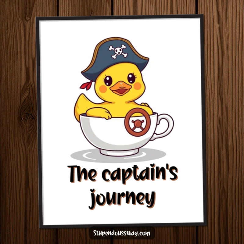 Funny digital art print of a rubber duck in a pirate hat steering a teacup, offering a downloadable piece of whimsical wall decor.