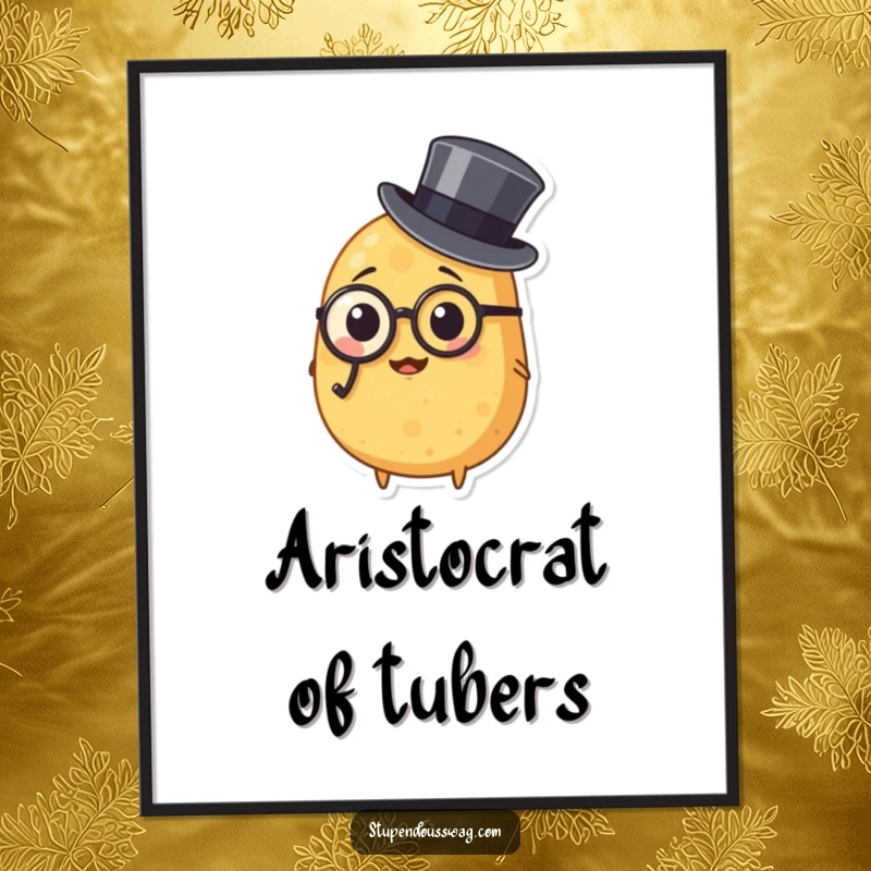 Funny digital art print of a potato wearing a monocle and top hat, perfect for instant wall decor, adding a touch of sophisticated vegetable humor.