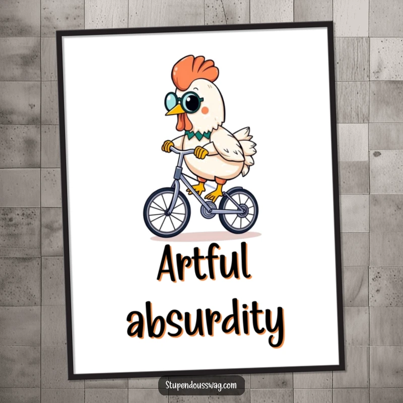 Funny rubber chicken with monocle on a unicycle with banana, digital art print, absurd and humorous decor.