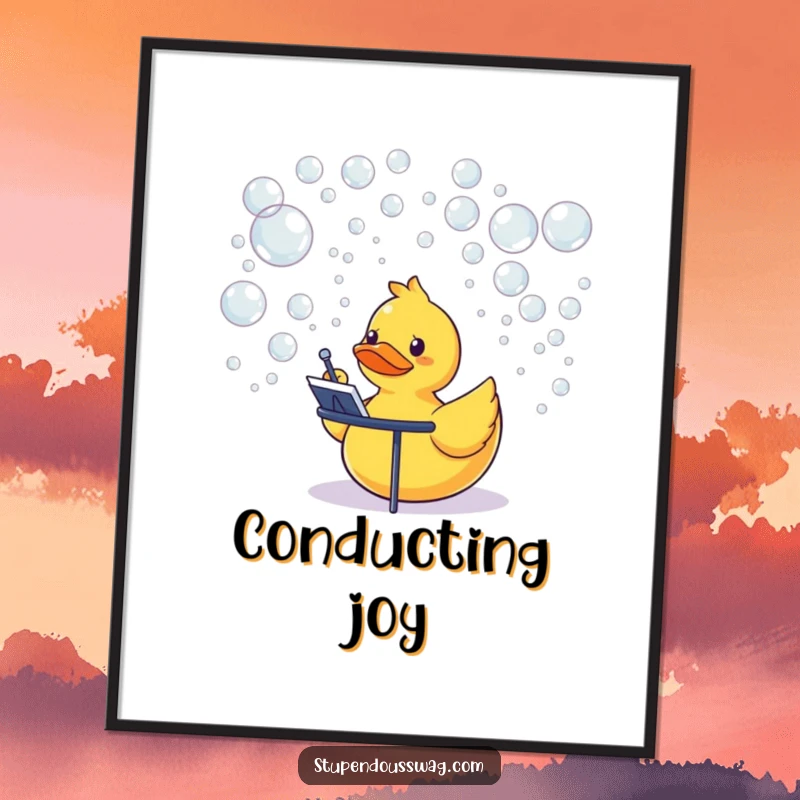 Funny rubber duck character conducting a bubble orchestra, high-quality digital art print for instant download.