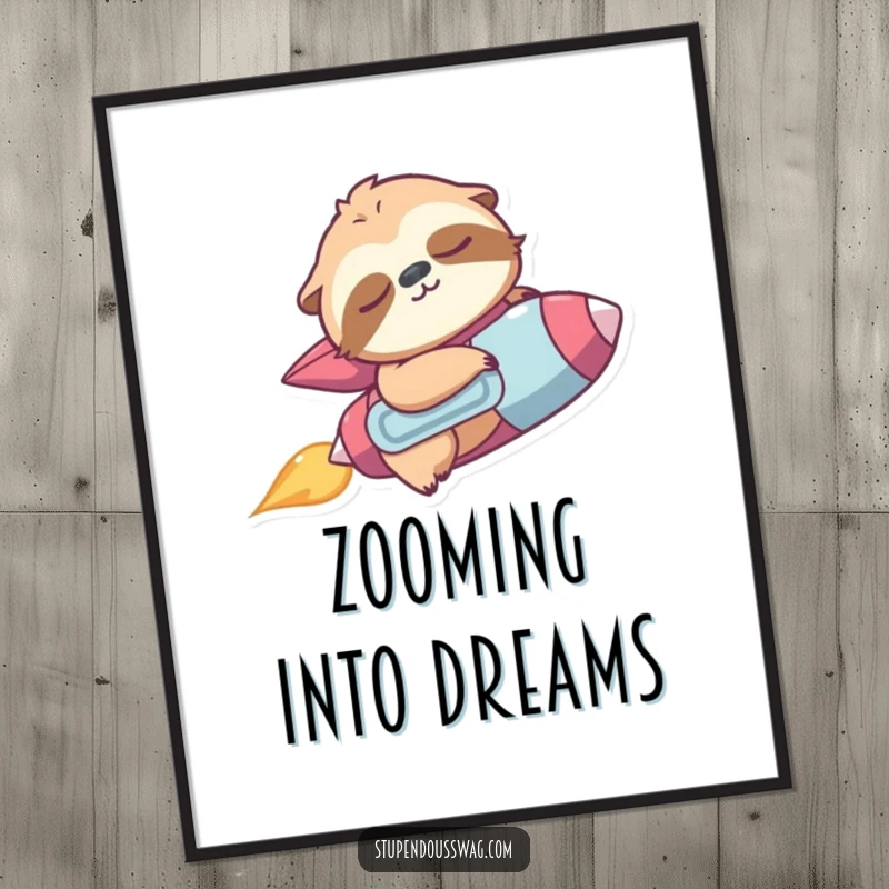 Funny digital art print of a sleepy sloth wearing a jetpack, accidentally zooming upwards.
