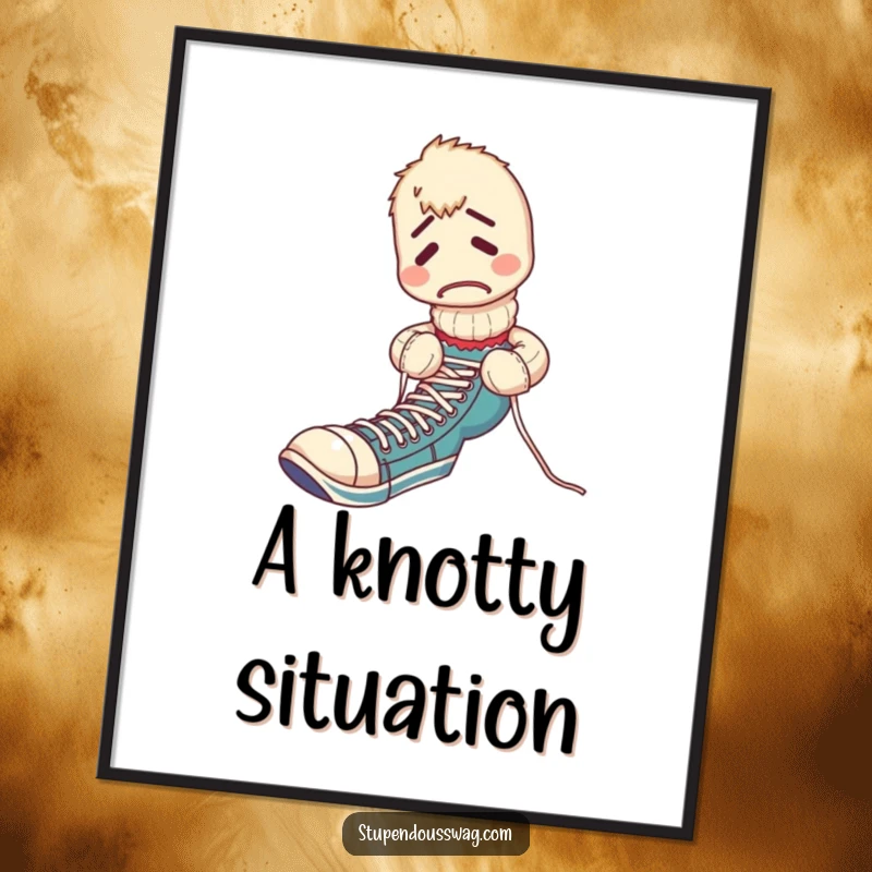 Funny digital art print of a confused sock puppet hilariously tangled in shoelaces, perfect for a whimsical and amusing room.
