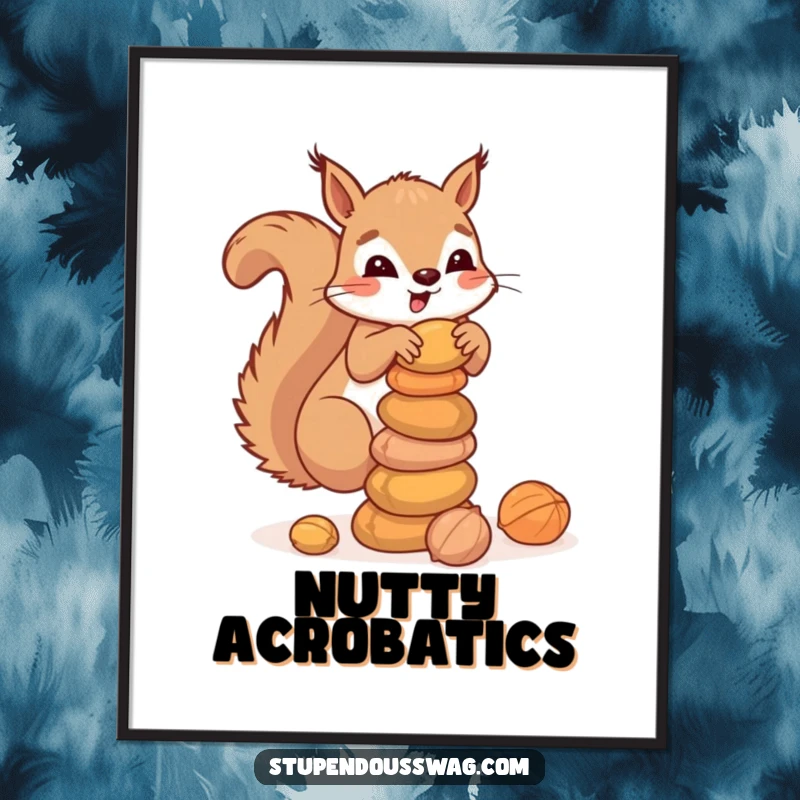 Funny digital art print of a clumsy squirrel balancing a stack of nuts, perfect for instant wall decor, adding a touch of endearing woodland humor.