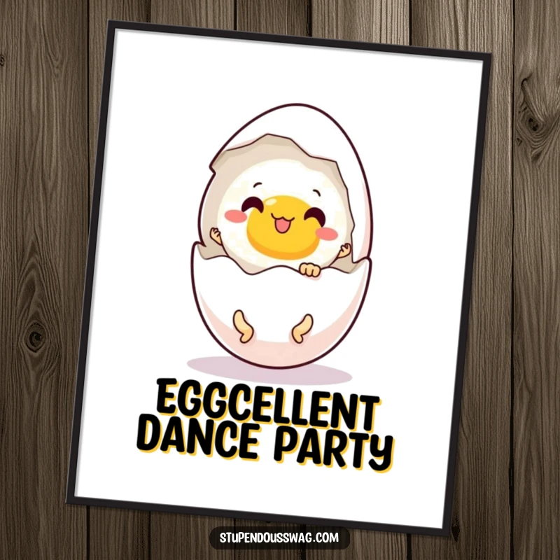 Funny digital art print of a startled egg opening its shell to reveal tiny dancing legs.