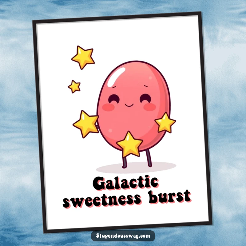 Funny digital art print of a wobbly jelly bean juggling three small, bouncing stars, perfect for cosmic-themed decor.
