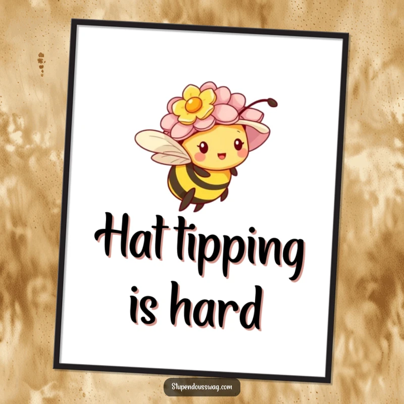 Funny digital art print of a tiny bee struggling to fly while wearing an oversized flower hat.