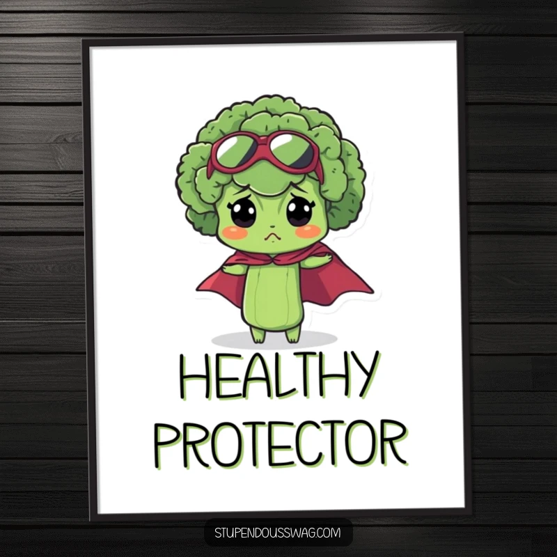 Funny bewildered broccoli digital art print of a small floret with a tiny superhero cape, looking comically confused.