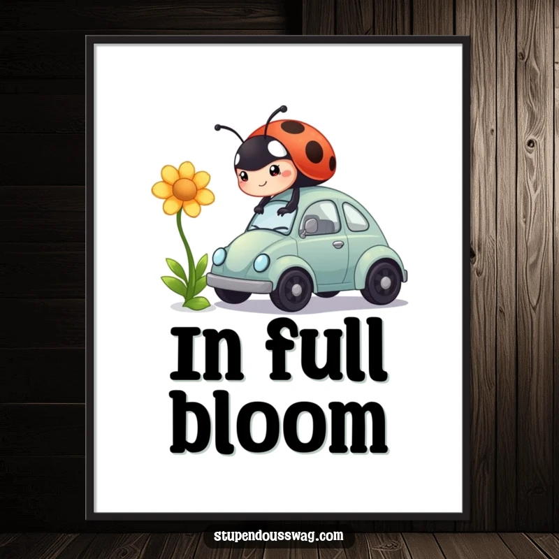 Funny digital art print of a ladybug earnestly trying to power a miniature car with a flower, a humorous and determined scene.