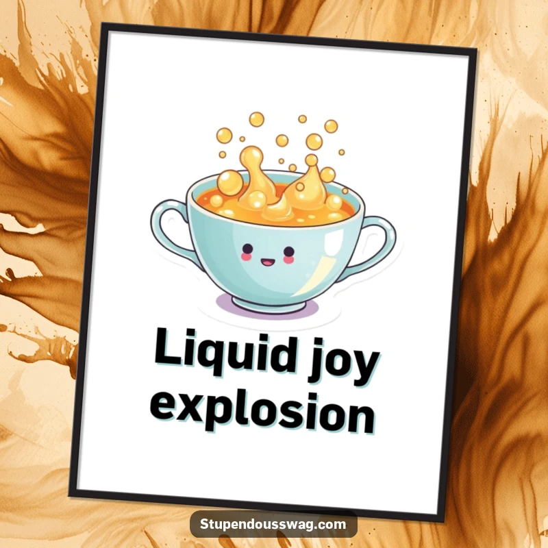 Funny Digital Art Print: A tiny teacup overflowing with enthusiastic, bubbly liquid, depicting cheerful effervescence.