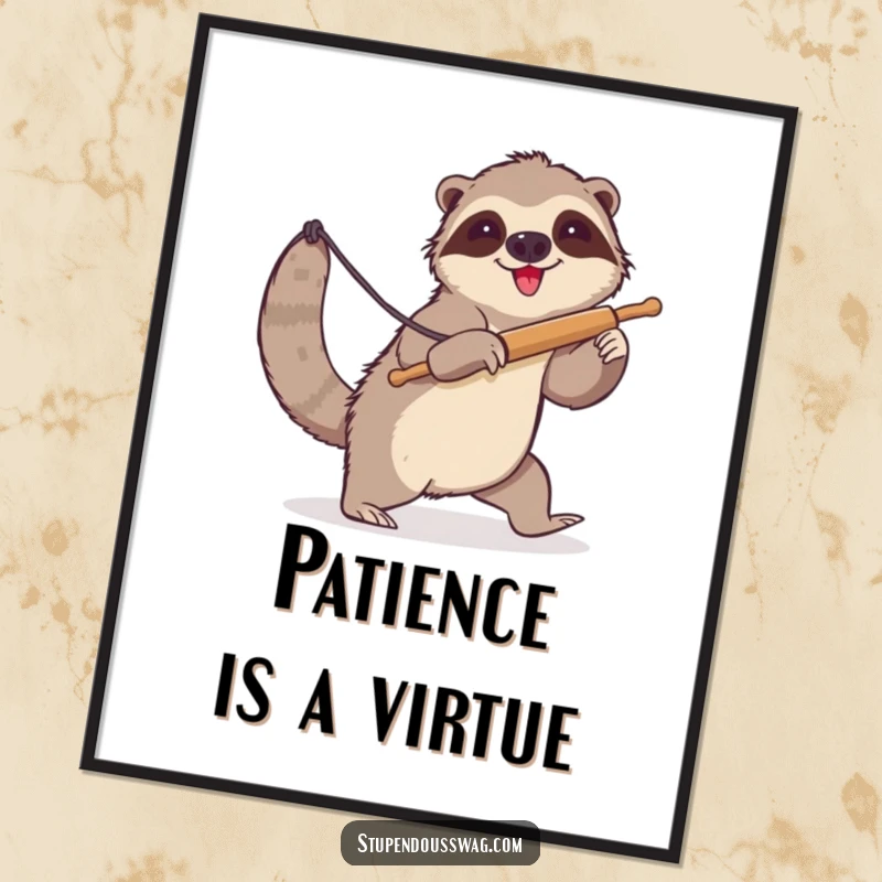 Funny sloth digital art print of a clumsy sloth attempting to lasso a runaway rolling pin. Humorous animal-themed illustration for instant download.