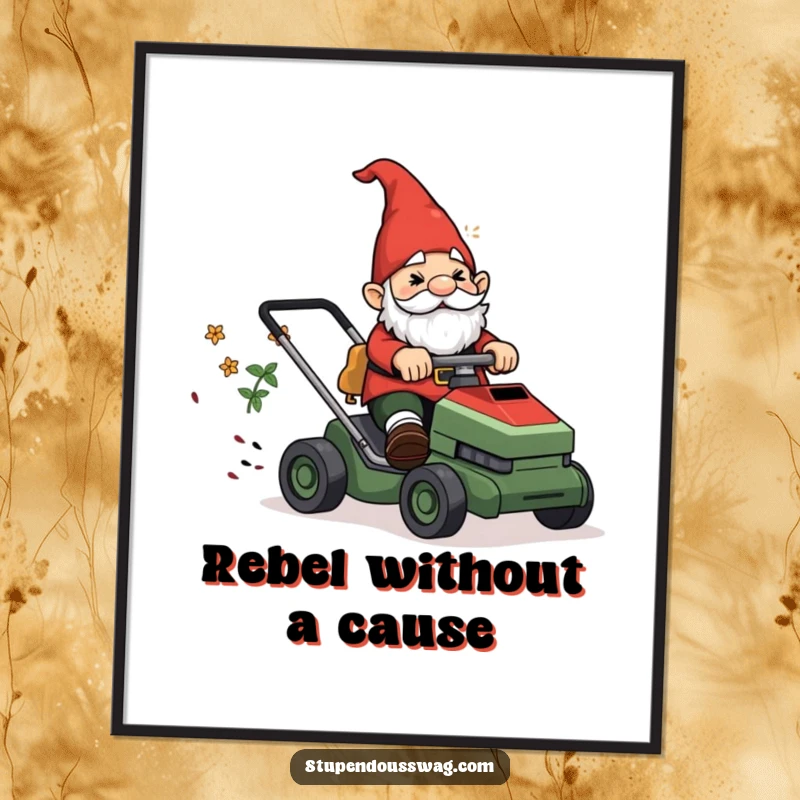 Funny Digital Art Print: A garden gnome confusedly riding a runaway lawnmower, depicting humorous garden chaos.