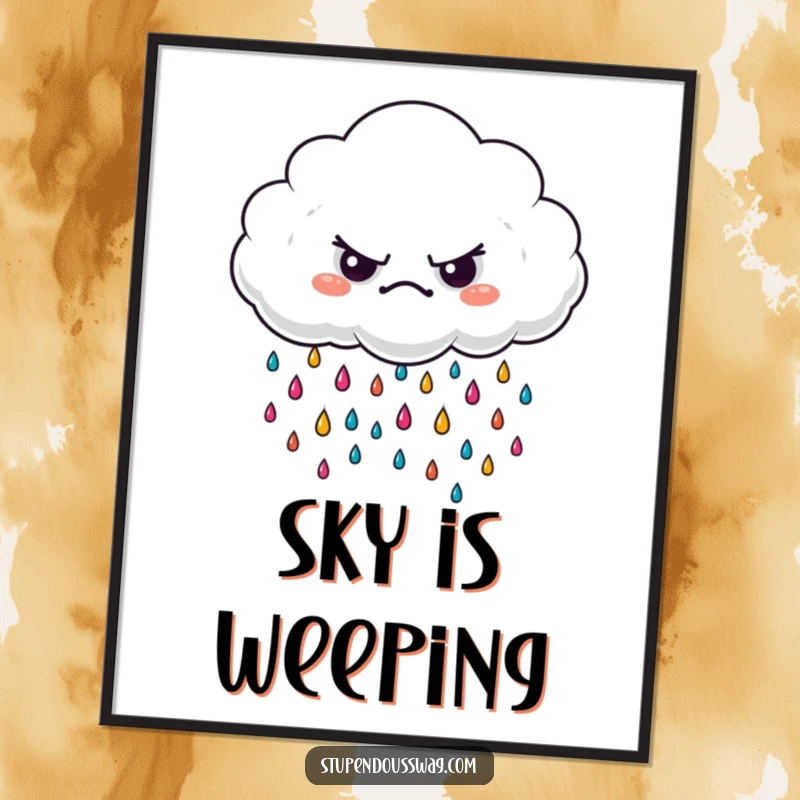 Funny grumpy cloud digital art print showing tiny, vibrant raindrops falling, offering instant humorous and colorful decor.