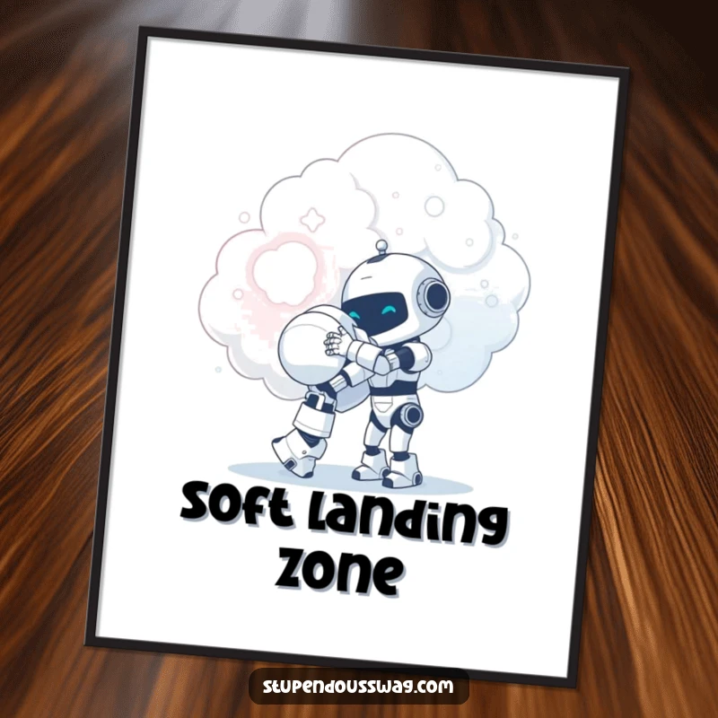 Funny tiny robot attempting a giant hug with a fluffy cloud, digital art print that brings heartwarming, cute, and gentle vibes.