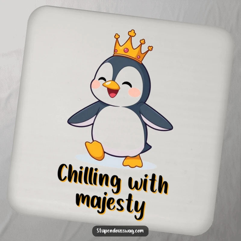 Funny drink coaster with a penguin wearing a small crown, comically trying to fly, protecting surfaces.