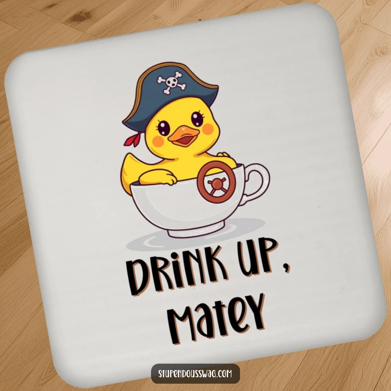 Funny drink coasters featuring a rubber duck in a pirate hat steering a teacup, providing surface protection with humorous artwork.