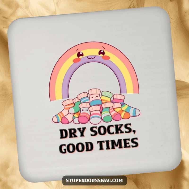 Funny drink coasters decorated with a smiling rainbow and giggling socks, protecting furniture with humor.