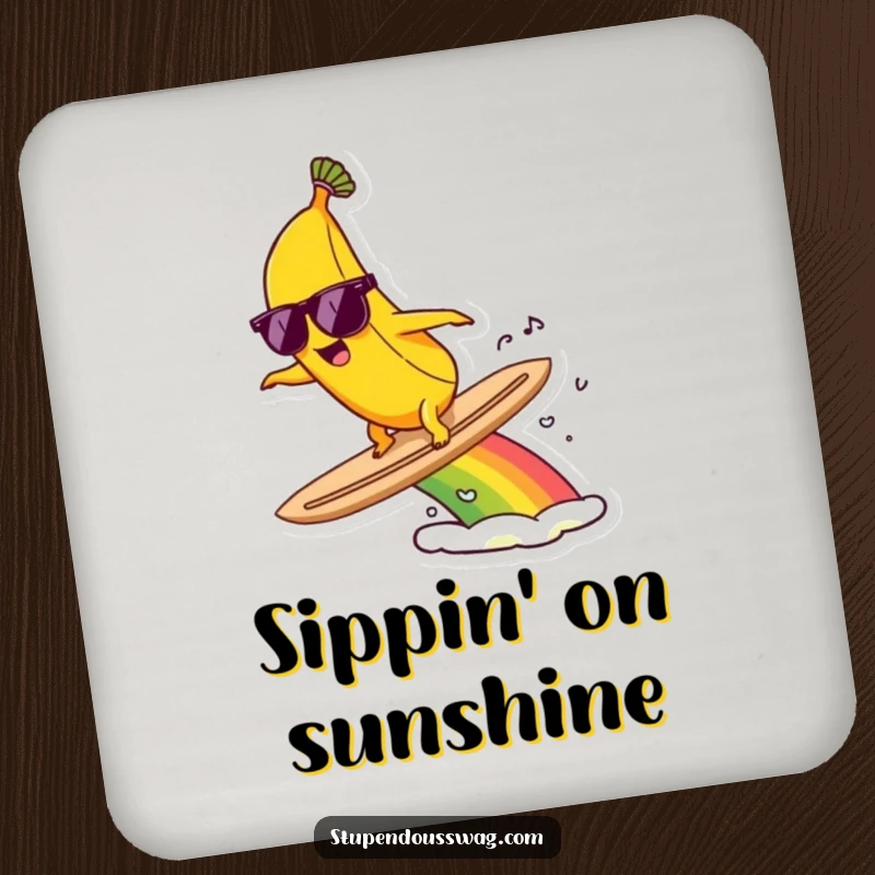 Funny drink coaster with a banana wearing sunglasses, surfing a vibrant rainbow, protecting surfaces with style.