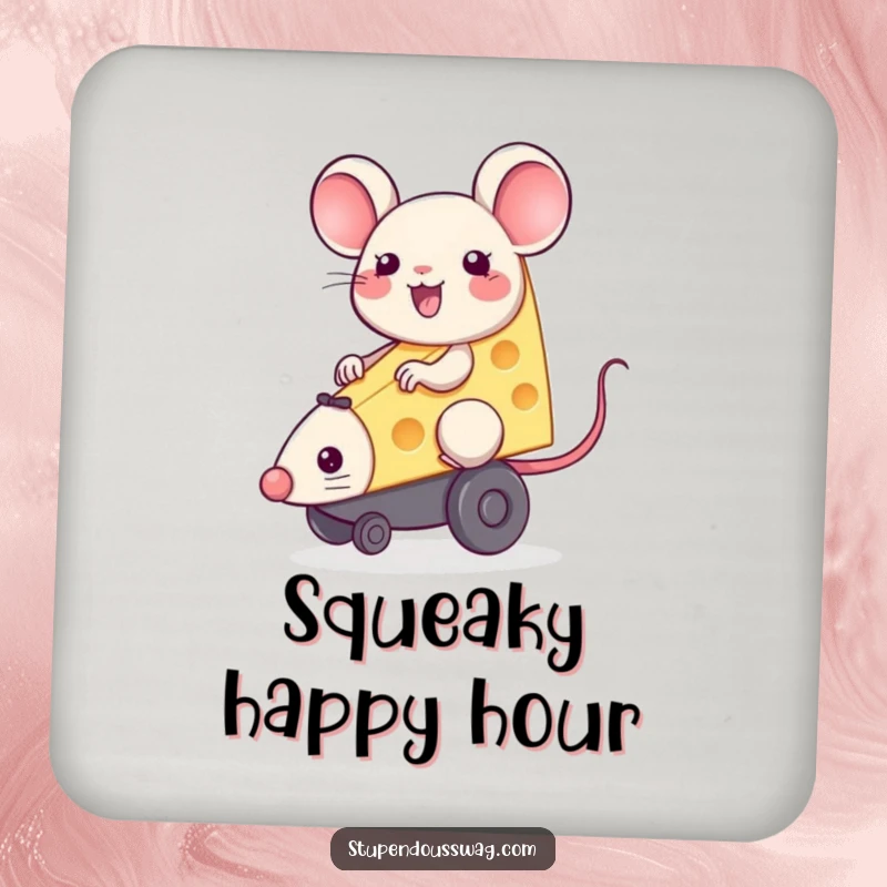Happy piece of cheese riding a squeaky toy mouse, decorative coasters to protect furniture.