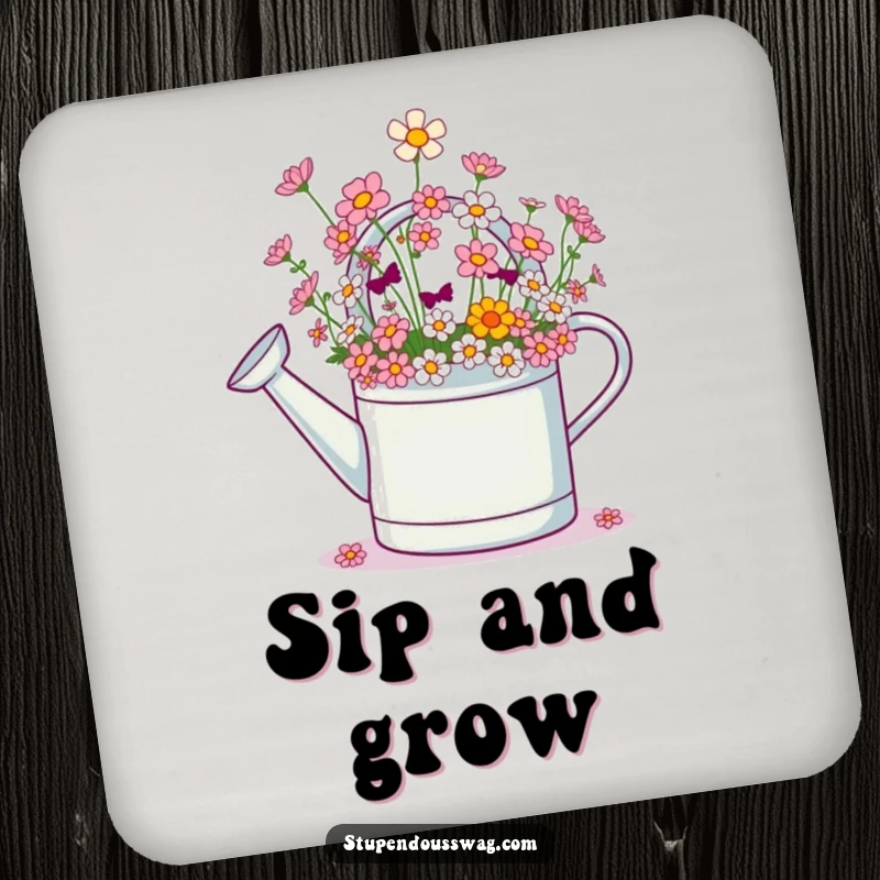 Funny drink coaster with a giggling watering can illustration, overflowing with tiny flowers, offering protection and floral charm.