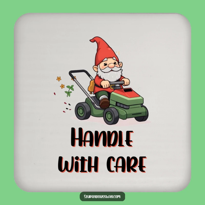 Funny Gnome Lawn Mower Coaster: Protect Surfaces with Garden Chaos, Unique Gift