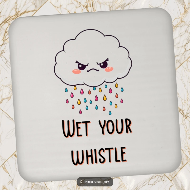 Funny grumpy cloud drink coasters, showcasing miniature, bright raindrops, offering both surface protection and a humorous decorative touch.