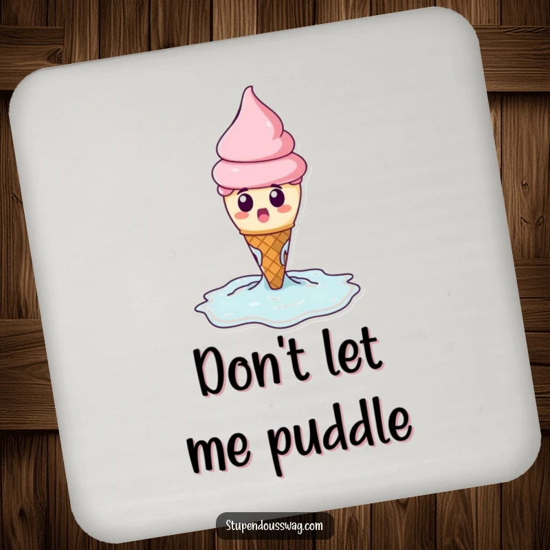 Funny coasters with a surprised ice cream cone melting dramatically into a puddle, adding humor to table settings.