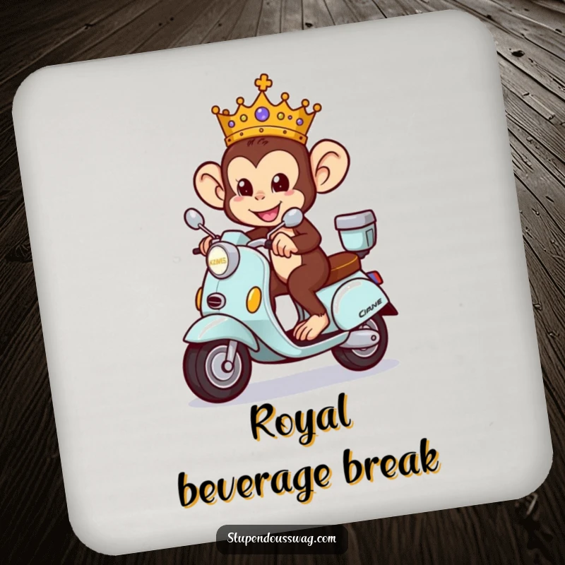 Funny Monkey King Coaster featuring a mischievous monkey wearing a crown, riding a tiny ornate scooter, perfect for tabletops.