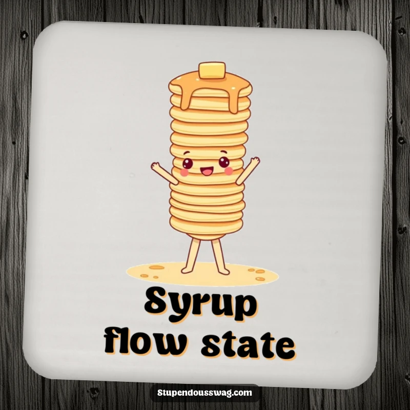 Funny coasters with a wobbly stack of pancakes attempting a handstand, adding humor to table settings.