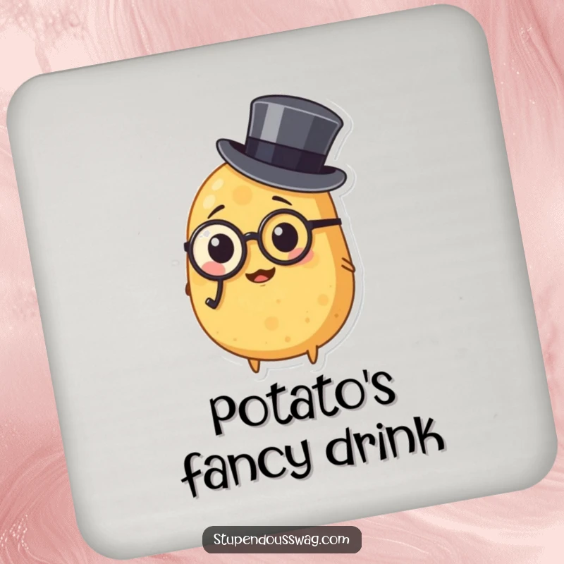 Funny drink coaster depicting a potato wearing a monocle and top hat, protecting surfaces with distinguished and humorous vegetable-themed flair.