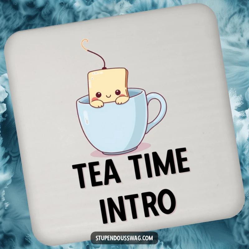 Funny drink coaster with a shy teabag illustration peeking from a steaming mug, offering protection and introverted charm.