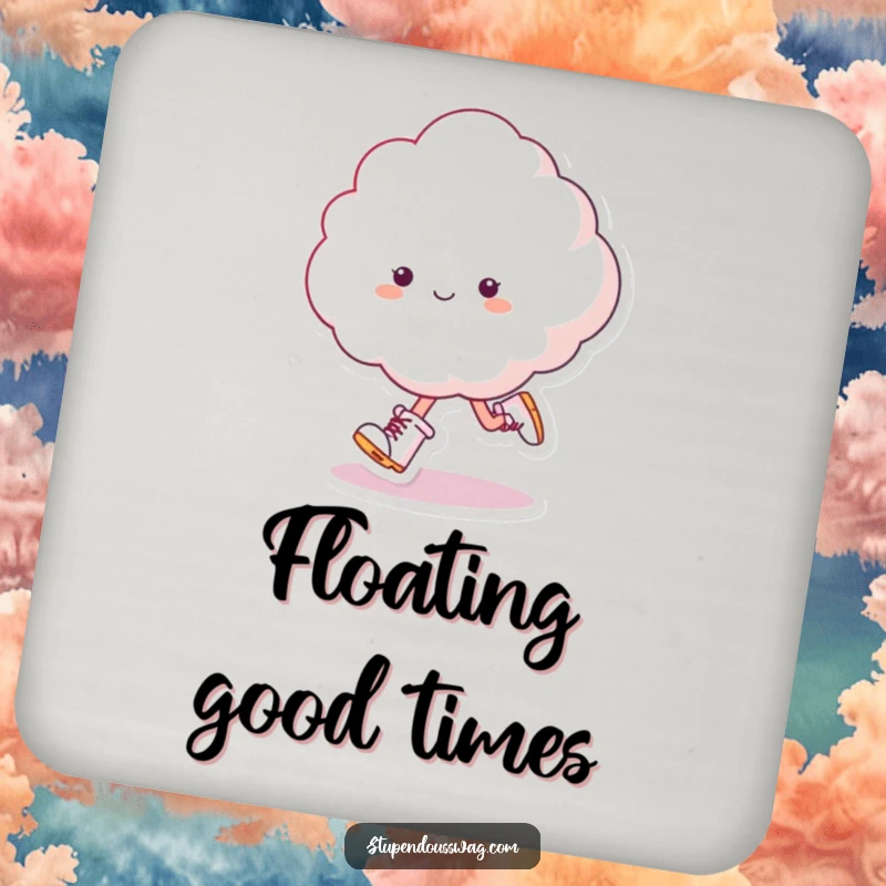 Funny Skipping Cloud Coaster: A fluffy cloud wearing tiny boots skips.
