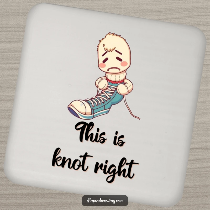 Funny drink coasters featuring a confused sock puppet in a shoelace tangle, protecting furniture with a humorous design.