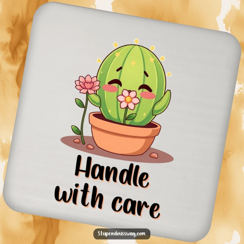 Funny shy cactus coaster with a nervous plant offering a flower, a humorous and protective drink accessory.