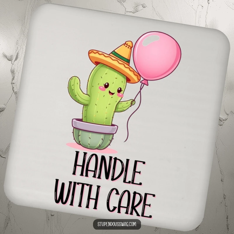 Funny drink coasters featuring a cactus wearing a tiny sombrero attempting to hug a balloon, providing surface protection with humorous artwork.