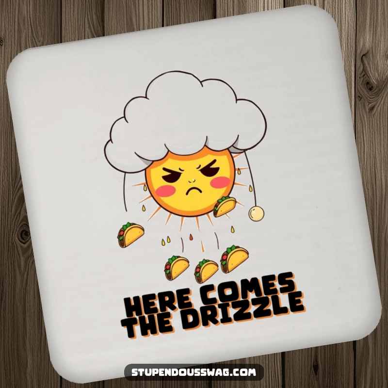 Funny drink coasters featuring a grumpy cloud raining tacos on a confused sun, providing surface protection with a humorous artistic flair.