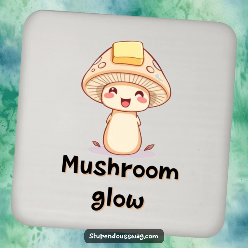 Funny mushroom coaster featuring a delighted mushroom wearing a tiny hat made of a butter pat. Whimsical and functional accessory.